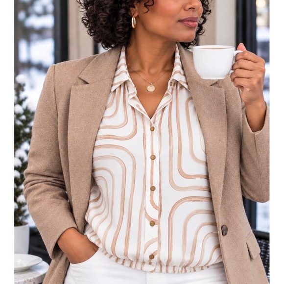 Donna Karan New York Tops - Donna Karan New York Abstract Print Gold Button Down Blouse Tan Cream Wmn Med